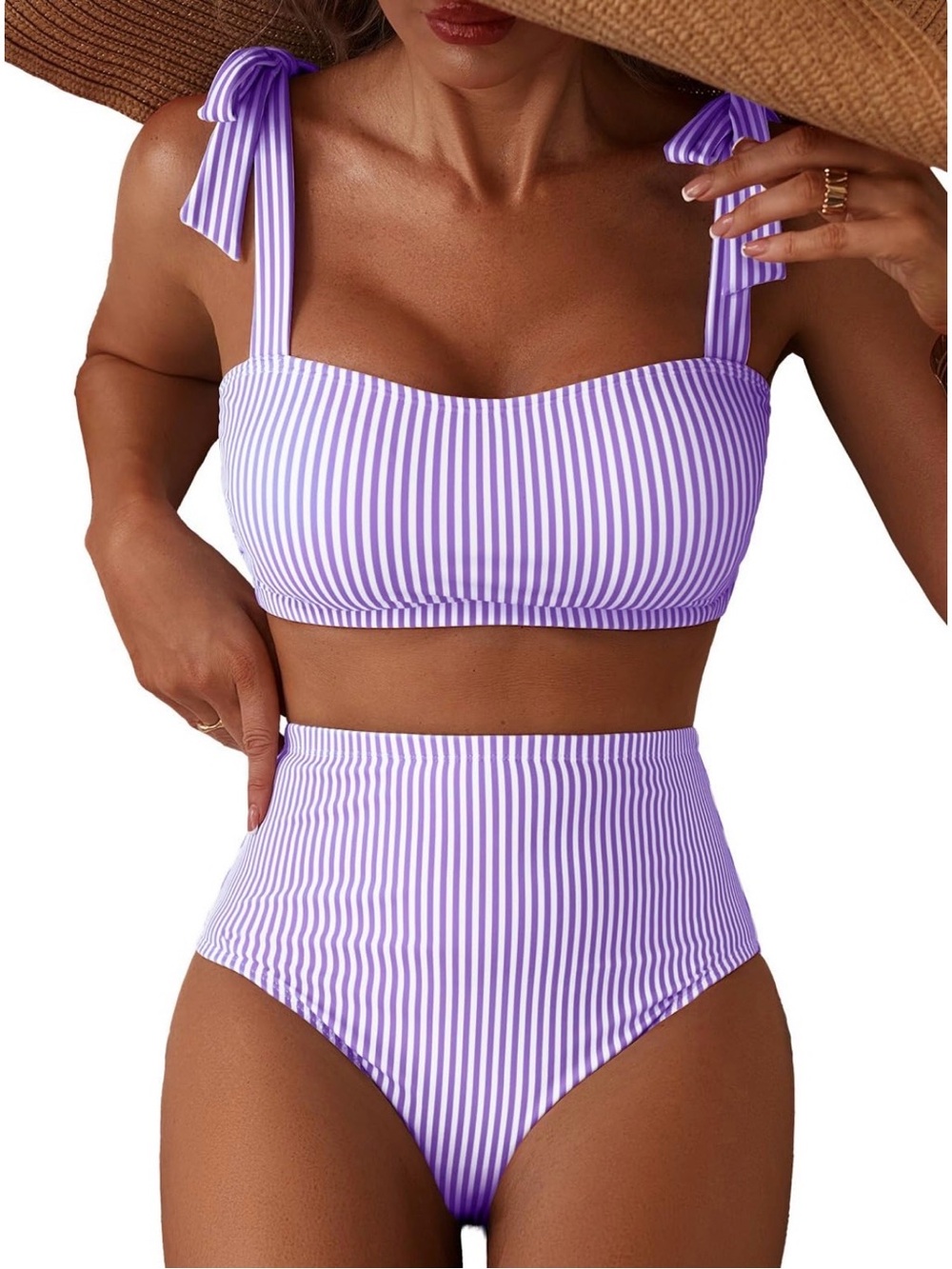 Tie-Shoulder Lavender Stripe High-Waist Bikini